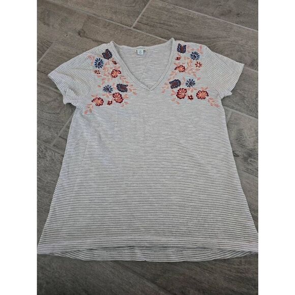 Women's Sundance Gray Stripe Floral Embroidered Short Sleeve T-Shirt Size XS - Picture 1 of 8